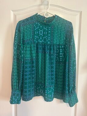 LOFT Teal Green Geometric Print Long-Sleeve Blouse